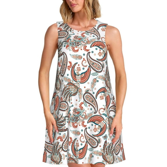 Fotbe Paisley Floral Pattern Women’s Summer Tank Midi Dress – Sleeveless A-Line Dress, Floral T-Shirt Dress, Casual Flowing Beach Sundress