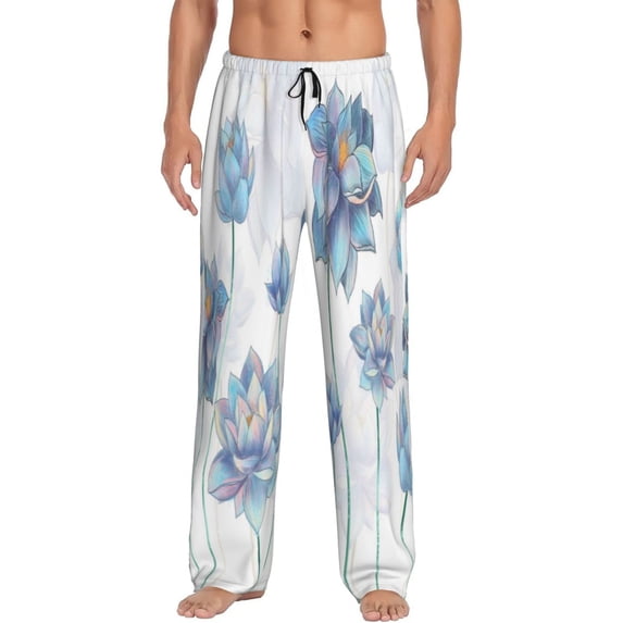 Fotbe Pale Blue Lotus Flowers Men's Pajama Pants,Sleepwear Pants,Pj Bottoms Drawstring And Pockets-Small