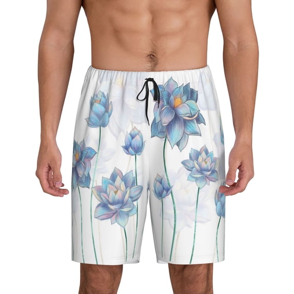 Fotbe Pale Blue Lotus Flowers Pajama Shorts for Men, Men's Pajama Bottoms, Sleepwear,Short Pajama Pants-4X-Large