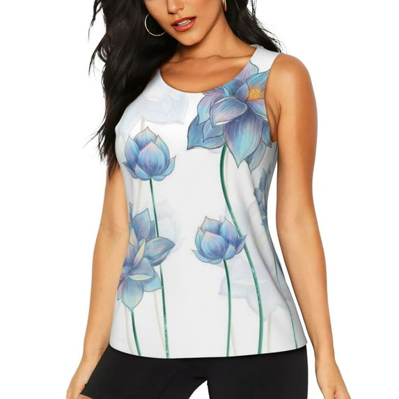 Fotbe Pale Blue Lotus Flowers Womens Loose Fit Casual Flowy Slim-Fit Tank Tops Athletic Round Neck Trendy Sleeveless Summer Tops for Gym and Yoga-Small