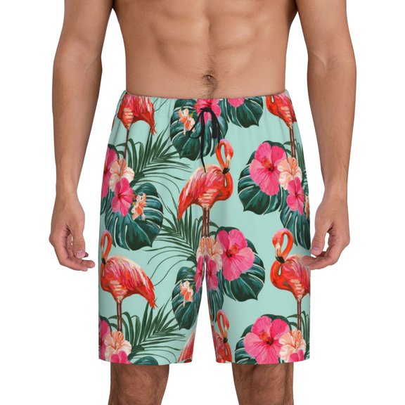 Fotbe Palm Leaves Flamingo Pajama Shorts for Men, Men's Pajama Bottoms, Sleepwear,Short Pajama Pants-Large