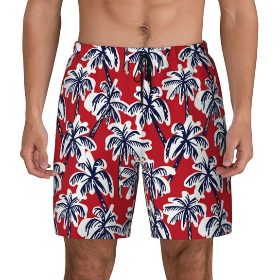 Fotbe Palm Tree Pattern on Red Men’s Swim Trunks Quick Dry Swim Shorts Board Shorts with Mesh Lining-Small