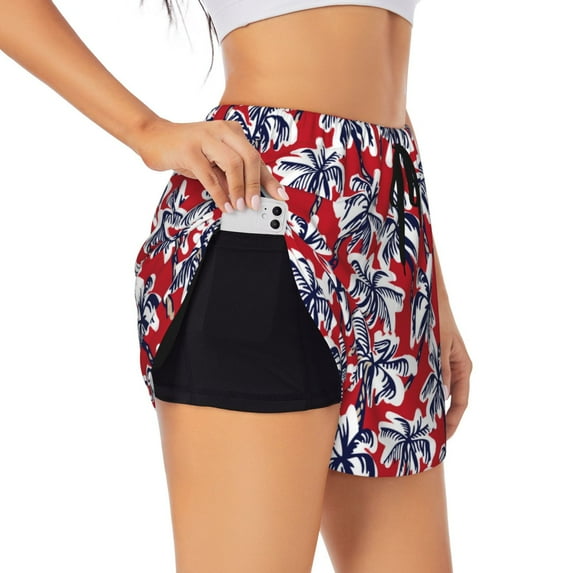 Fotbe Palm Tree Pattern on Red Womens High Waist Running Shorts Athletic Workout Quick Dry Shorts for Women with Pockets Gym Yoga Summer Shorts-Large