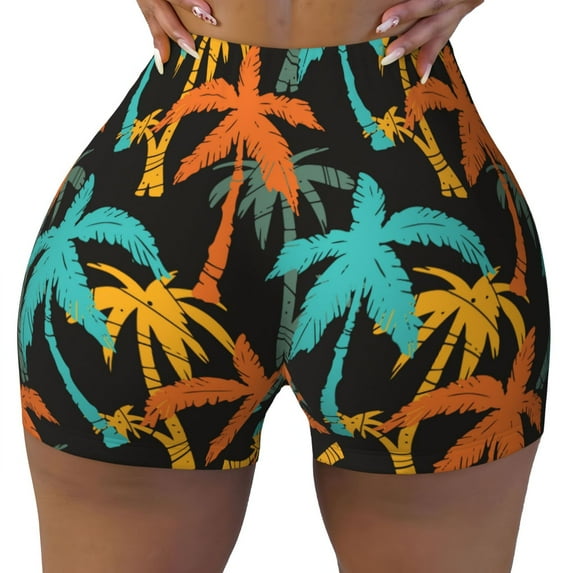 Fotbe Palm Trees Seamless Shorts, Womens Workout Shorts High Waist Stretch Booty Short for Gym/Yoga/Running/Biking-XX-Large