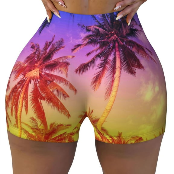 Fotbe Palm Trees at Sunset Seamless Shorts, Womens Workout Shorts High Waist Stretch Booty Short for Gym/Yoga/Running/Biking-Large