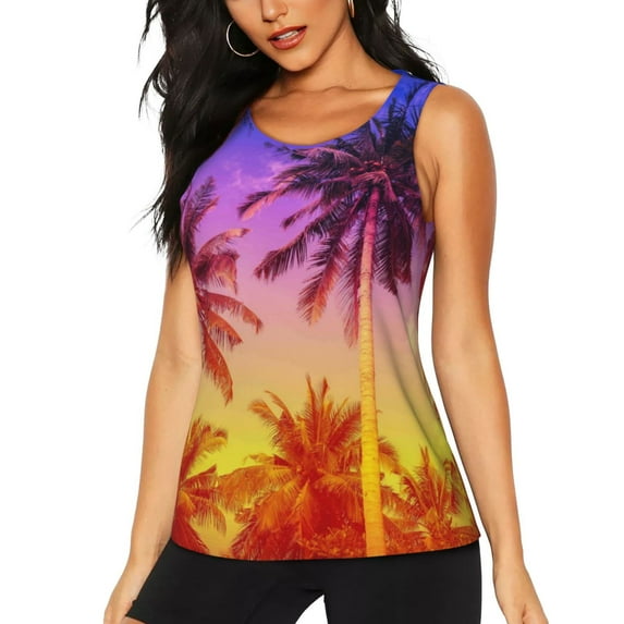Fotbe Palm Trees at Sunset Womens Loose Fit Casual Flowy Slim-Fit Tank Tops Athletic Round Neck Trendy Sleeveless Summer Tops for Gym and Yoga-Medium