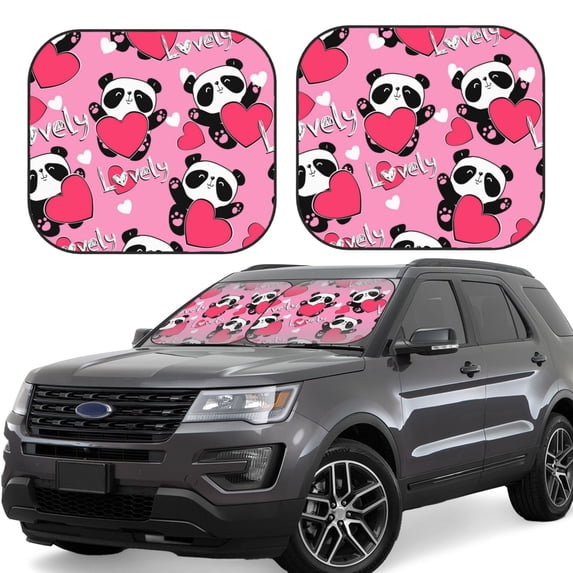 Fotbe Panda Heart Valentine Pink 2-Piece Car Windshield Sun Shade | Sun Blocker for Car Windshield | Foldable Automotive Interior Accessories for Sun Protection-Small