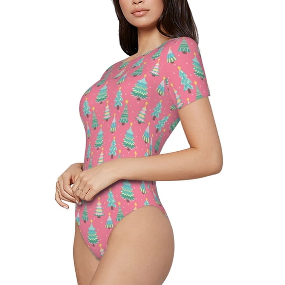 Fotbe Pastel Christmas Trees on Pink Women's Crew Neck Short Sleeves Bodysuit Tops Round Neck Slim Sleeveless Soft Comfortable Basic-Small