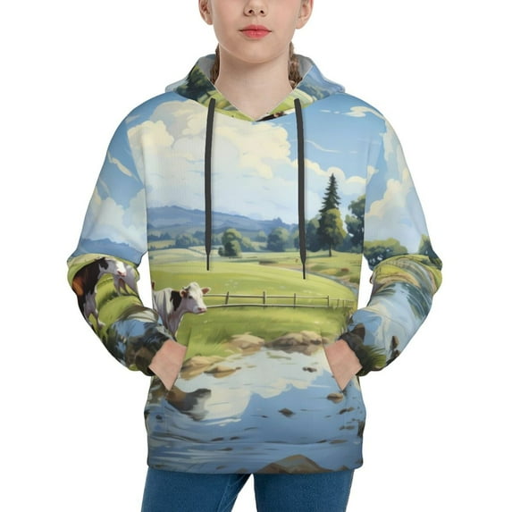 Fotbe Pasture Cow Pattern Youth Pullover Hooded Sweatshirt, Boys Hoodie, Kangaroo Pocket Hoodie for Kids Girls -Large