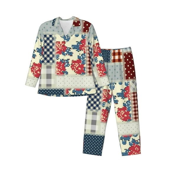 Fotbe Patchwork In Country Style Pattern Long Sleeve Pajama Set for Men,Sleepwear Set,2-piece Loungewear Set,Soft PJs Comfy Nightwear with Pockets-Medium