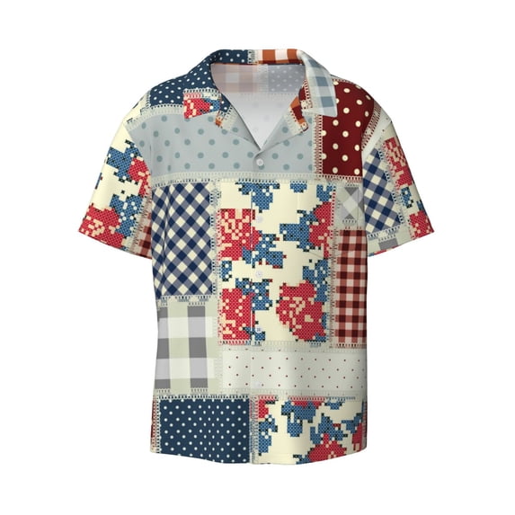 Fotbe Patchwork In Country Style print Short Sleeve Button Down Shirts for Men Casual Summer Beach Wrinkle Free Shirt-XX-Large
