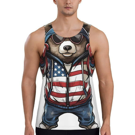 Fotbe Patriotic Boxing Bear Art Pattern Men's Quick Dry Workout Tank Top Gym Muscle Tee Fitness Bodybuilding Sleeveless T Shirt Breathable Workout Shirt-Small
