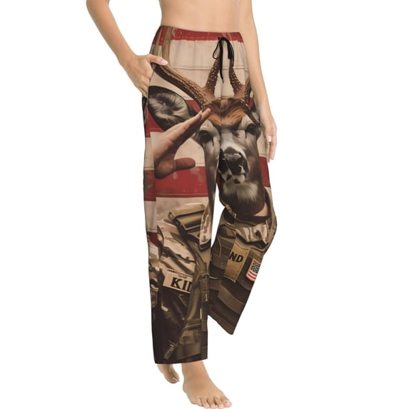 Fotbe Patriotic Deer Soldier Salute Women's Pajama Pants,Sleepwear Pants,Pj Bottoms Drawstring And Pockets-