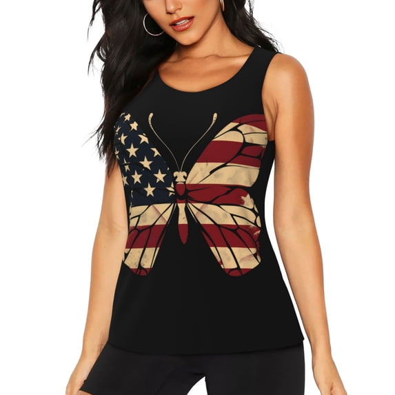 Fotbe Patriotic USA Butterfly Art Womens Loose Fit Casual Flowy Slim-Fit Tank Tops Athletic Round Neck Trendy Sleeveless Summer Tops for Gym and Yoga-Medium
