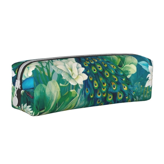 Fotbe Peacock And Flowers Pattern Leather Pencil Case, Pencil Pouch with Durable Zipper, Compact and Stylish Organizer for Stationery, Art Supplies, Travel Essentials