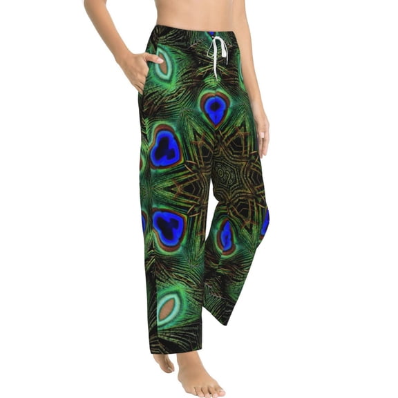 Fotbe Peacock Feathers Women's Pajama Pants,Sleepwear Pants,Pj Bottoms Drawstring And Pockets-Large