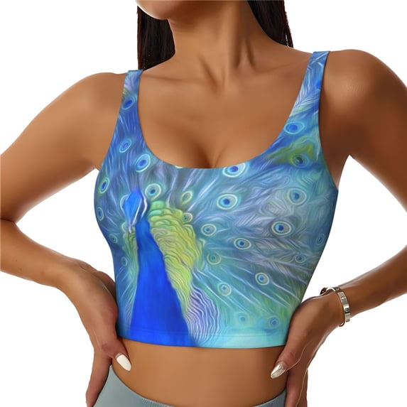 Fotbe Peacock Pattern Womens' Sports Bra Longline Wirefree Padded with Medium Support Sports Moisture-Wicking Workou Vest,Tank Top-X-Large