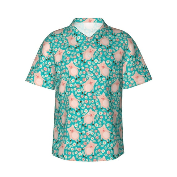 Fotbe Pig And Flower Hawaiian Shirt for Men Unisex Summer Beach Casual Short Sleeve Cotton Linen Button Down Shirts-Small