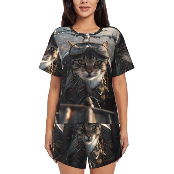 Fotbe Pilot Cat In Vintage Plane Print Pajama Set for Women 2 Piece Loungewear Short Sleeve Tops and Shorts Set Soft Sleepwear-Large