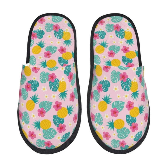 Fotbe Pineapple And Leaves Pattern Women's Fuzzy Slippers Plush Slippers Fluffy Winter House Shoes Indoor and Outdoor-Medium