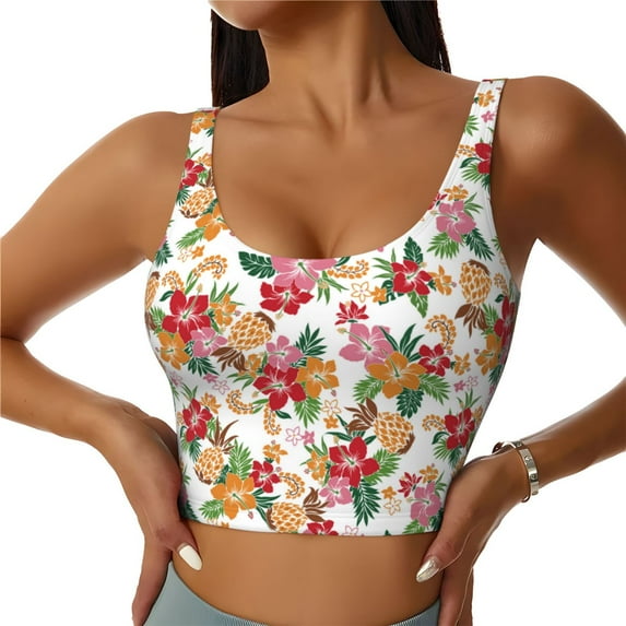 Fotbe Pineapple Flower Pattern Womens' Sports Bra Longline Wirefree Padded with Medium Support Sports Moisture-Wicking Workou Vest,Tank Top-