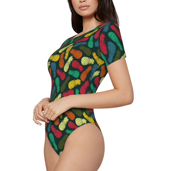Fotbe Pineapple Fruit Colorful Women's Crew Neck Short Sleeves Bodysuit Tops Round Neck Slim Sleeveless Soft Comfortable Basic-Medium