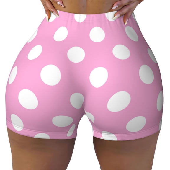 Fotbe Pink And White Polka Dot Seamless Shorts, Womens Workout Shorts High Waist Stretch Booty Short for Gym/Yoga/Running/Biking-Small