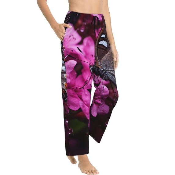 Fotbe Pink Blossoms Butterfly Women's Pajama Pants,Sleepwear Pants,Pj Bottoms Drawstring And Pockets-Medium
