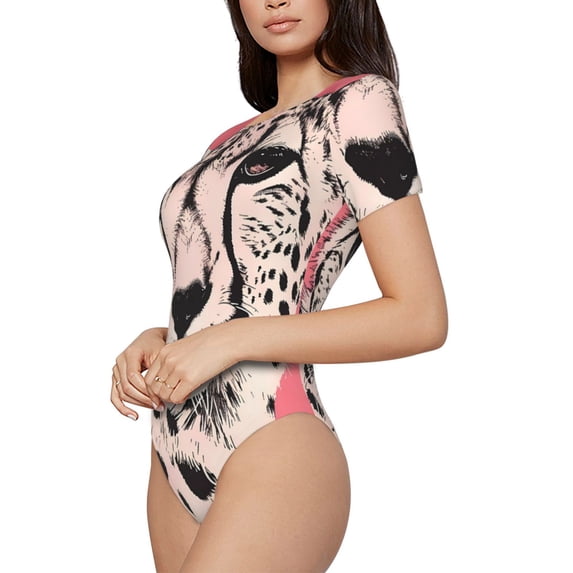 Fotbe Pink Cheetah Art Women's Crew Neck Short Sleeves Bodysuit Tops Round Neck Slim Sleeveless Soft Comfortable Basic-XX-Large