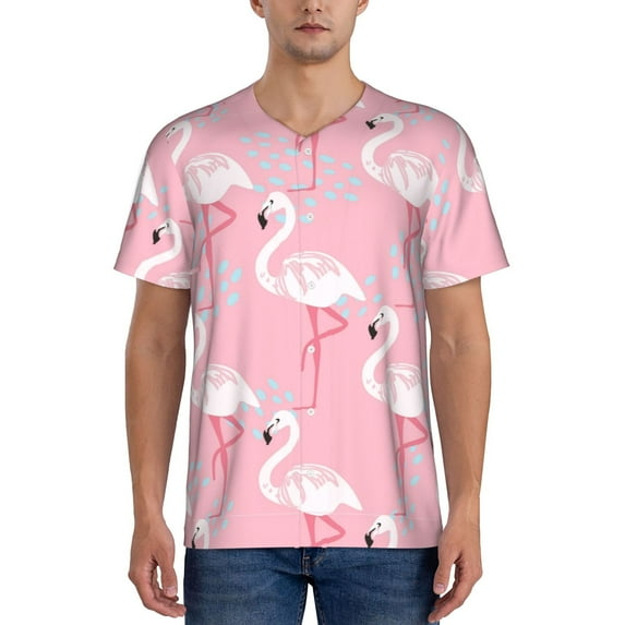 Fotbe Pink Flamingo Baseball Jersey Shirt for Men and Women, Casual Short Sleeves Button Down T-Shirt-Small