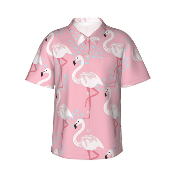 Fotbe Pink Flamingo Hawaiian Shirt for Men Unisex Summer Beach Casual Short Sleeve Cotton Linen Button Down Shirts-Large