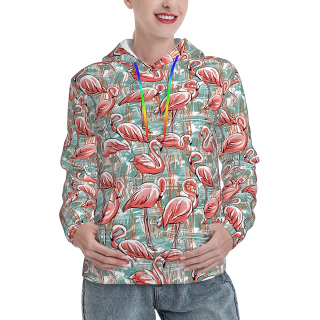 Fotbe Pink Flamingo Pattern Womens Long Sleeve Hoodie, Pullover Hooded ...