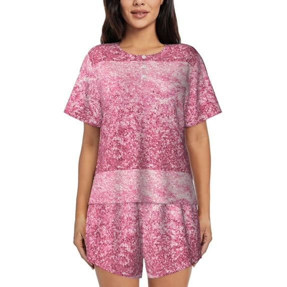 Fotbe Pink Glitter Print Pajama Set for Women 2 Piece Loungewear Short Sleeve Tops and Shorts Set Soft Sleepwear-X-Large