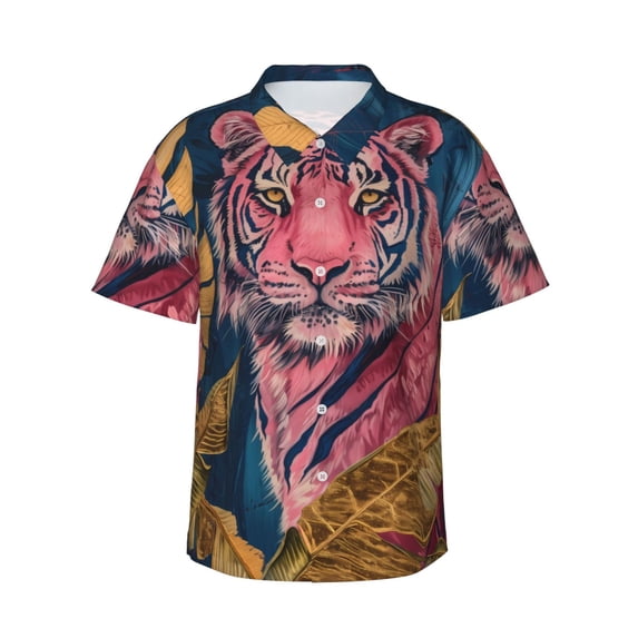 Fotbe Pink Tiger Gold Leaves Hawaiian Shirt for Men Unisex Summer Beach Casual Short Sleeve Cotton Linen Button Down Shirts-X-Large