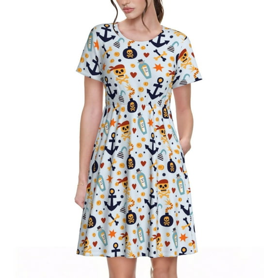 Fotbe Pirate skulls Pattern Dress Casual Womens Fashion Short Sleeve Maxi Dress T Shirt Dress Striped Long Color Block Maxi Dress