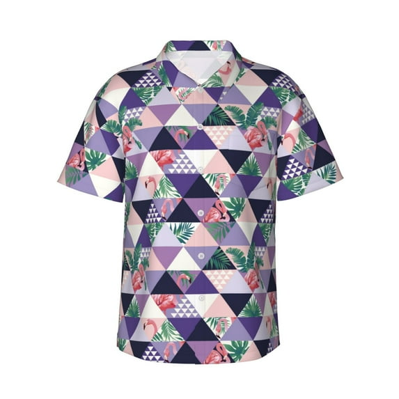 Fotbe Plaid Flamingo Hawaiian Shirt for Men Unisex Summer Beach Casual Short Sleeve Cotton Linen Button Down Shirts-XX-Large