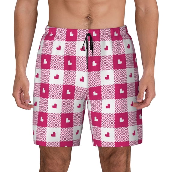 Fotbe Plaid Heart Men’s Swim Trunks Quick Dry Swim Shorts Board Shorts with Mesh Lining-Large