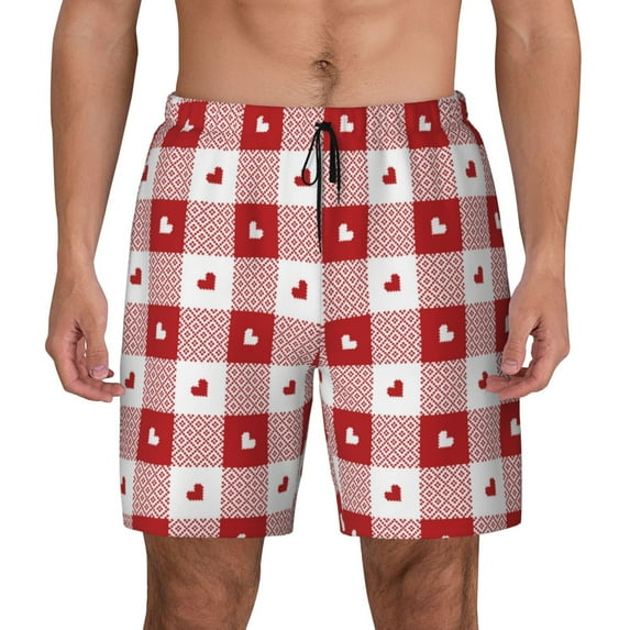 Fotbe Plaid Heart Men’s Swim Trunks Quick Dry Swim Shorts Board Shorts with Mesh Lining-XX-Large