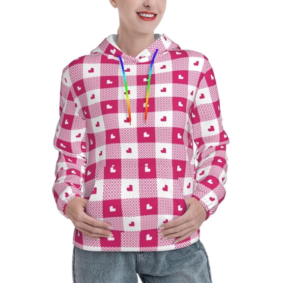 Fotbe Plaid Heart Pattern Womens Long Sleeve Hoodie, Pullover Hooded Sweatshirt, Kangaroo Pocket Hoodie with Eye-catching Drawstrings-XX-Large