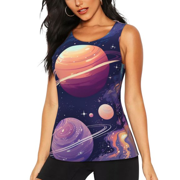 Fotbe Planet Pastel Galaxy Womens Loose Fit Casual Flowy Slim-Fit Tank Tops Athletic Round Neck Trendy Sleeveless Summer Tops for Gym and Yoga-X-Large