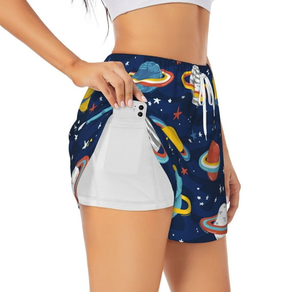 Fotbe Planets and Stars Womens High Waist Running Shorts Athletic Workout Quick Dry Shorts for Women with Pockets Gym Yoga Summer Shorts-Medium