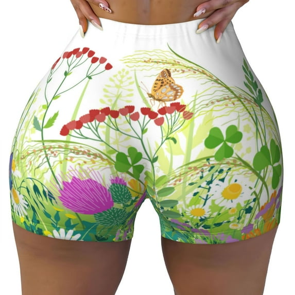 Fotbe Plants and Insects Seamless Shorts, Womens Workout Shorts High Waist Stretch Booty Short for Gym/Yoga/Running/Biking-Large