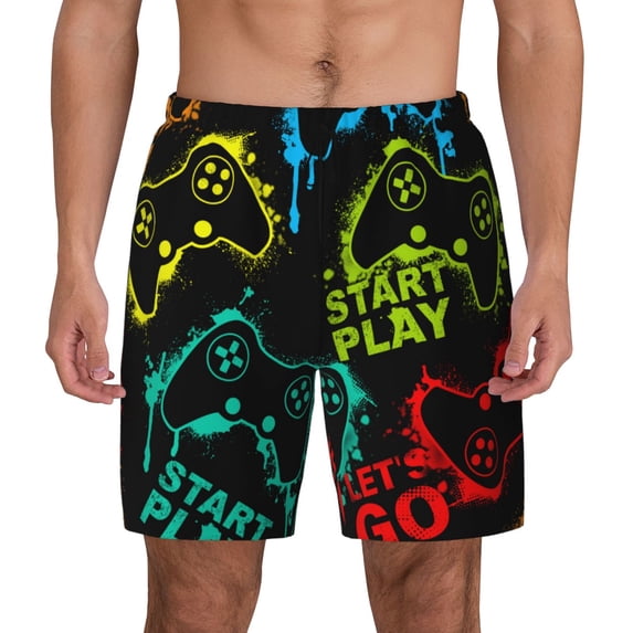 Fotbe Play Game Start Men’s Swim Trunks Quick Dry Swim Shorts Board Shorts with Mesh Lining-Small