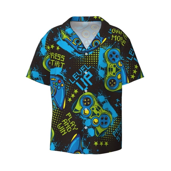 Fotbe Play Game print Short Sleeve Button Down Shirts for Men Casual Summer Beach Wrinkle Free Shirt-3X-Large