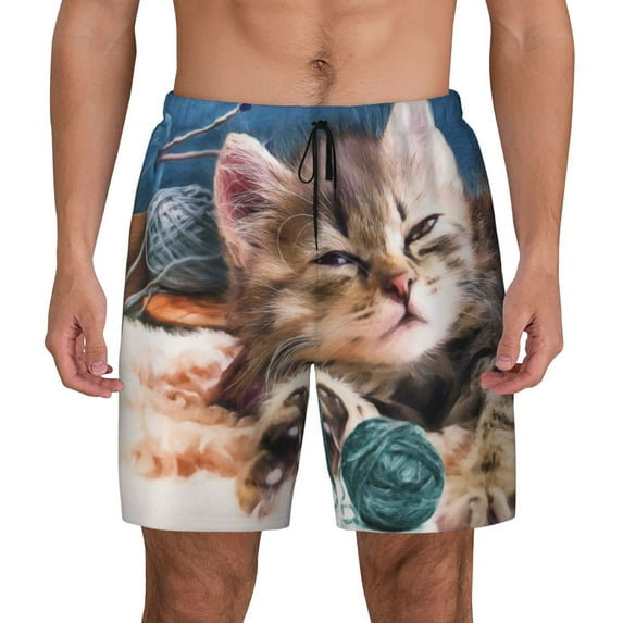 Fotbe Playful Cat Men’s Swim Trunks Quick Dry Swim Shorts Board Shorts with Mesh Lining-Small