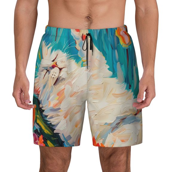 Fotbe Playful Floral Cat Men’s Swim Trunks Quick Dry Swim Shorts Board Shorts with Mesh Lining-Small