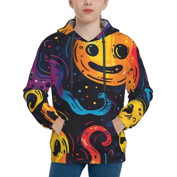 Fotbe Playful Ghosts Night Sky Pattern Youth Pullover Hooded Sweatshirt, Boys Hoodie, Kangaroo Pocket Hoodie for Kids Girls -Medium