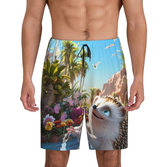 Fotbe Playful Hedgehog Forest Pond Pajama Shorts for Men, Men's Pajama Bottoms, Sleepwear,Short Pajama Pants-Large