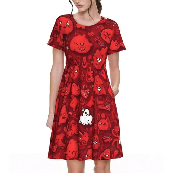 Fotbe Playful Red Cartoon Faces Pattern Dress Casual Womens Fashion Short Sleeve Maxi Dress T Shirt Dress Striped Long Color Block Maxi Dress