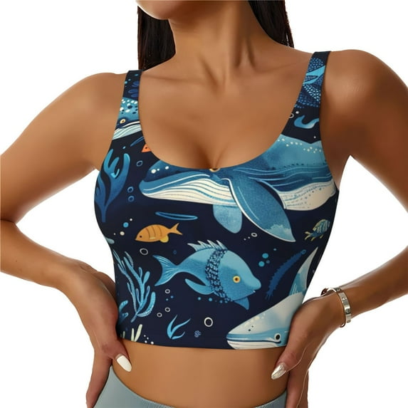 Fotbe Playful Whales Underwater Scene Pattern Womens' Sports Bra Longline Wirefree Padded with Medium Support Sports Moisture-Wicking Workou Vest,Tank Top-Large